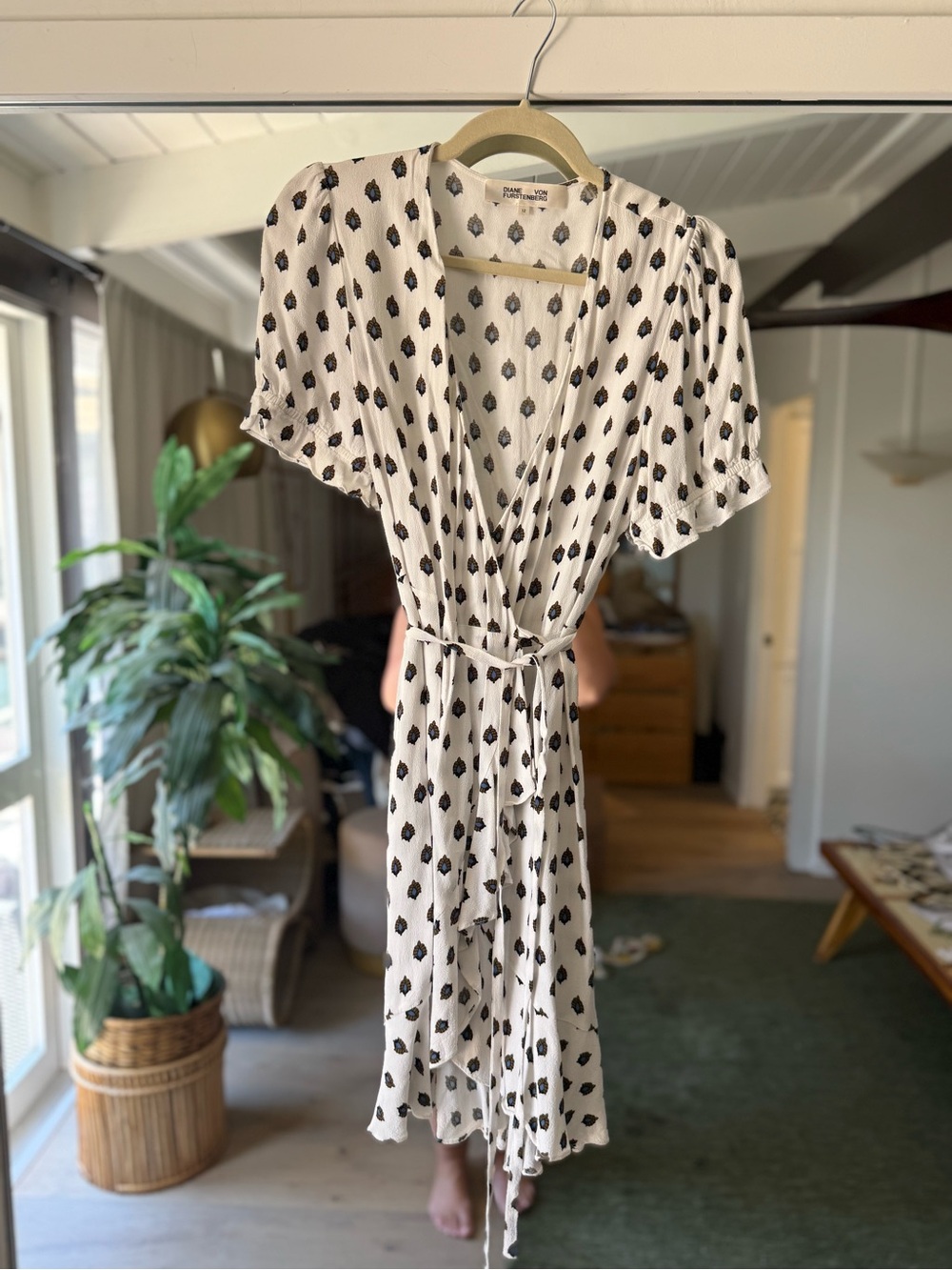 Diane Von Furstenberg Cream Wrap Dress with Black Diamond Print